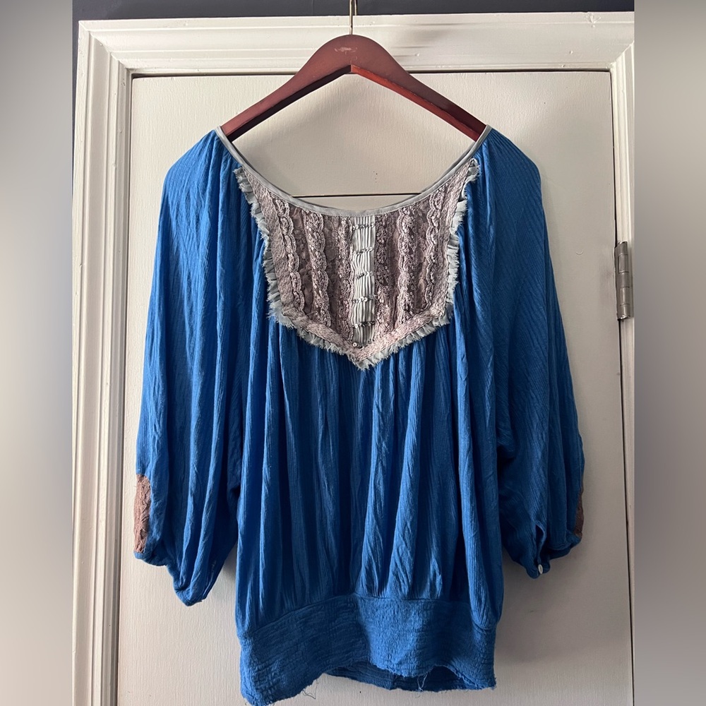 Free People Blue and Gray Women's Blouse